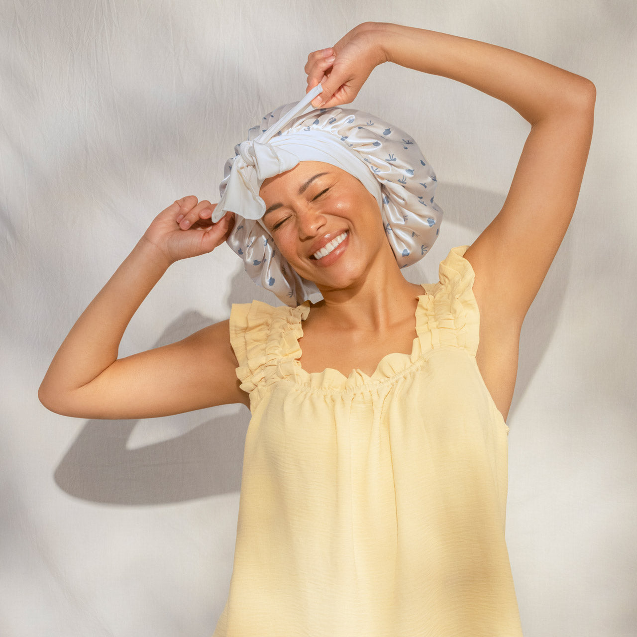 Pearlized Cream & Coastal Blue Print Oversized Satin Bonnet